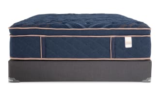 Copper Radiance 14.5'' Twin XL Plush mattress set with navy blue quilted copper-infused cover, plush hybrid gel layers, and dark gray foundation by Bob-O-Pedic.