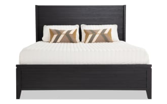 Solitude King Espresso Platform Bed with contemporary slatted headboard, engineered wood grain MDF, adjustable legs, and espresso finish.