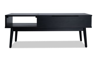 Bettie Black Rectangle Lift-Top Coffee Table in mid-century modern style, made of black wood with angled legs, lift-top storage, and clean lines.