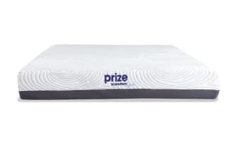 Prize Hybrid 10'' King Firm Mattress from the Prize collection, featuring white quilted top with gray base, ventilated gel memory foam, and hybrid design for pressure relief and support.