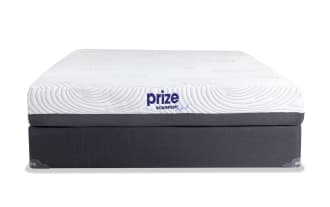 Prize Hybrid 10'' Twin XL Firm Standard Mattress Set with white quilted top, gray base, ventilated gel memory foam, and charcoal for cooling and pressure relief.