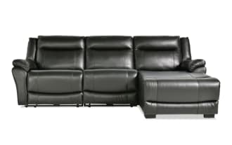 Frontier Black Leather 107" power reclining 3-piece sectional with right arm chaise, USB/USB-C ports, transitional style, and plush memory foam seating.