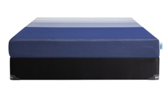 Gem Hybrid 8'' Twin XL Firm Standard Mattress Set from Gem collection by Bob-O-Pedic, featuring blue quilted knit cover, gel memory foam, wrapped coils, and black supportive foundation.