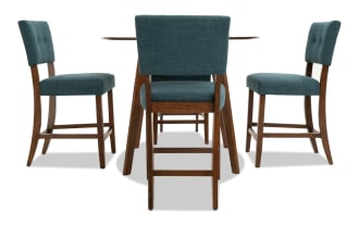 Bettie 5 Piece Walnut & Teal Upholstered Round Counter Height Dining Set with mid-century modern flared legs, button tufted teal polyester fabric, and memory foam seats.