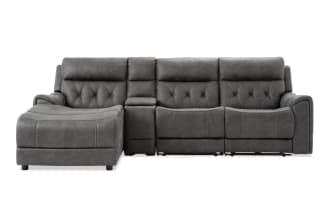 Canyon Gray 111" transitional 4-piece left-arm chaise sectional with gray polyester fabric, power recline, Bluetooth audio, USB ports, and hidden storage.