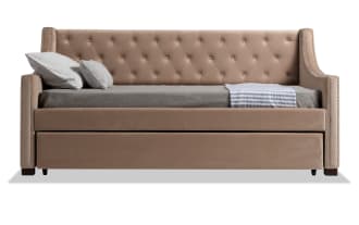 Chloe Twin Beige Upholstered Daybed with Twin Trundle and 2 Bob-O-Pedic 6 Mattresses, beige polyester fabric, glam style, tufted backrest, and nailhead trim.