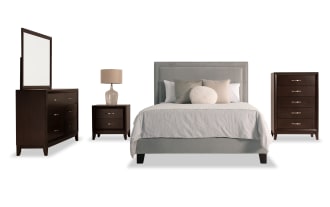 Tremont 5 Piece Queen Espresso & Gray Upholstered Bedroom Set with gray fabric headboard, espresso MDF and rubberwood storage dressers, transitional style.