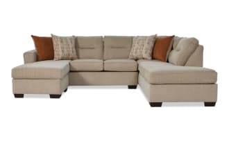 Dylan Beige 112" transitional 3-piece right arm facing sleeper sectional with dual chaise, polyester fabric upholstery, and queen cooling gel memory foam mattress.