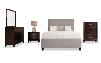 Tremont 5 Piece Queen Espresso & Gray Upholstered Storage Bedroom Set with gray fabric polyester bed, espresso wood dresser, chest, mirror, and nightstand in transitional style.