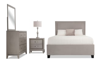 Tremont 4 Piece King Gray Upholstered Storage Bedroom Set featuring a gray fabric polyester upholstered bed, matching dresser with mirror, and nightstand in transitional style with MDF, rubberwood solids, and veneers.