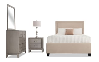Tremont 4 Piece Twin Beige Upholstered Storage Bedroom Set with polyester fabric, MDF, rubberwood solids, transitional style dresser, mirror, nightstand, and bed.