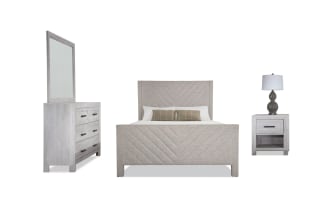 Calvin 4 Piece Queen White & Oatmeal Upholstered Panel Bedroom Set