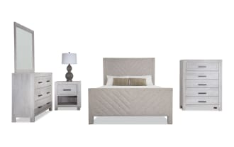 Calvin 5 Piece Queen White & Oatmeal Upholstered Panel Bedroom Set