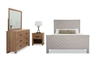 Calvin 4 Piece Queen Light Brown & Oatmeal Upholstered Panel Bedroom Set