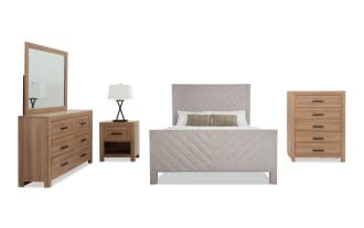 Calvin 5 Piece Queen Light Brown & Oatmeal Upholstered Panel Bedroom Set