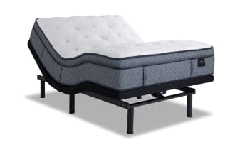 Power Bob Ultra Base with Envy 16" Queen Ultra Plush Mattress featuring hand-tufted white Tencel knit cover, gray hybrid mattress with silk, wool, gel memory foam, 2,000 micro coils, adjustable black metal base with massage, wireless remote, USB/USB-C ports, under-bed lighting, and programmable positions.