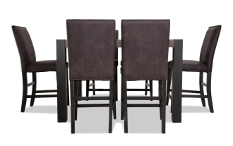 Canyon 7 Piece Gray Faux Leather Upholstered Counter Height Dining Set with rustic multi-tone MDF table and gray faux leather chairs featuring memory foam seats.