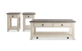 Rustic Laurel Entertainment & Occasional coffee table set with white MDF and rubberwood base, brown distressed acacia veneer tops, storage drawers, and shelves.