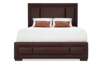 Tahoe King Brown Upholstered Panel Bed with rustic faux leather upholstery, nailhead trim, solid pine frame, and built-in USB/USB-C ports.