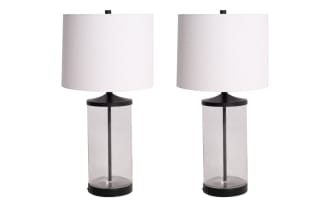 Set of 2 Willow Clear Glass Table Lamps with white fabric drum shades, clear glass cylindrical bases, black metal accents, and built-in USB/USB-C charging ports.