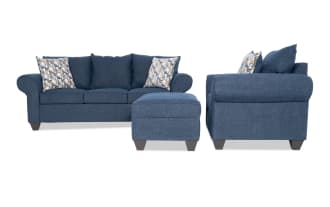 Kylie Navy 92'' Sofa, Chair & Storage Ottoman