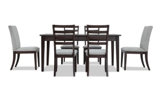 Homeworks 7 Piece Dark Brown & Gray Upholstered Dining Set with transitional style, lift-top storage table, six gray polyester fabric chairs with memory foam, durable melamine finish, rubberwood frame.