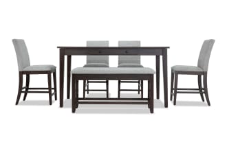 Homeworks 6 Piece Dark Brown & Gray Upholstered Counter Height Dining Set with Storage Bench
