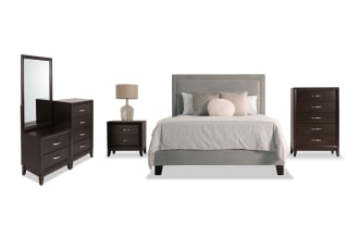 Tremont 5 Piece Full Espresso & Gray Upholstered Bedroom Set with chesser, featuring gray polyester fabric, transitional style, MDF, rubberwood solids, and multiple storage drawers.