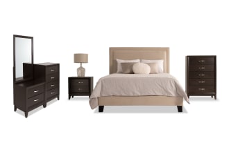 Tremont 5 Piece Twin Espresso & Beige Upholstered Bedroom Set with chesser, featuring beige polyester fabric, transitional style, MDF and rubberwood solids, multiple storage drawers.
