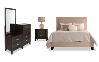 Tremont 4 Piece King Bedroom Set in beige fabric upholstery with espresso MDF and rubberwood solids, featuring a transitional style, storage drawers, and a king bed.