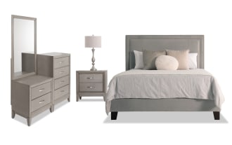 Tremont 4 Piece Full Gray Upholstered Bedroom Set with Chesser features a transitional style bed, dresser, nightstand, and mirror in gray polyester fabric, MDF, rubberwood, and veneers with multiple storage drawers for organized living.