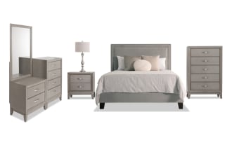 Tremont 5 Piece Full Gray Upholstered Bedroom Set with Chesser
