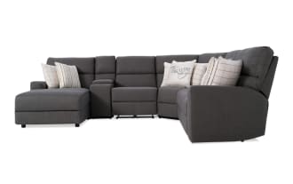 Modern Farmhouse Gray 124'' 6 Piece Power Reclining Left Arm Facing Chaise Sectional with Power Headrest