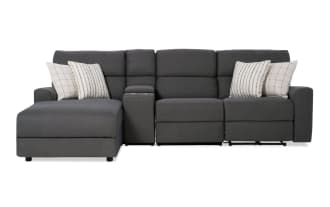 Modern Farmhouse gray 4-piece polyester fabric sectional with left chaise, power reclining seats, power headrests, USB ports, cupholders, and storage.