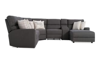 Modern Farmhouse Gray 124'' Power Reclining 6 Piece Right Arm Facing Chaise Sectional with Power Headrest