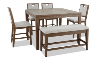 Brookline 6 Piece Brown & White Upholstered Counter Height Square Dining Set with Storage Bench