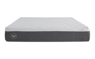 Bob-O-Pedic Zzzoom 10'' Foam Twin Firm Mattress with gray fabric base and white textured memory foam top, firm comfort, includes duffel bag.