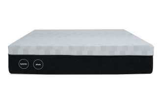 12" Hybrid Full Plush Mattress with gray hex-patterned top and black base, featuring plush comfort and tight-top design, adjustable base compatible.