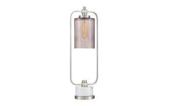 Liam Brushed Nickel & White Marble Table Lamp with transitional style, featuring a brushed nickel frame, cylindrical tinted glass shade, and round white marble base.