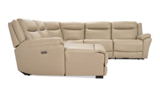 Frontier Taupe Leather 116'' Power Reclining 5 Piece Left Arm Facing Chaise Sectional with USB & USB-C  Ports