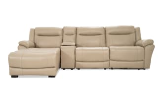 Frontier Taupe Leather 120'' Power Reclining 4 Piece Left Arm Facing Chaise Sectional with Armless Chair & USB & USB-C  Ports