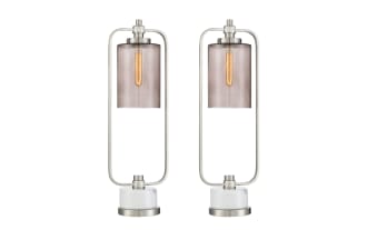 Set of 2 Liam transitional table lamps with brushed nickel metal frames, smoky glass shades, and white marble bases for modern home decor.