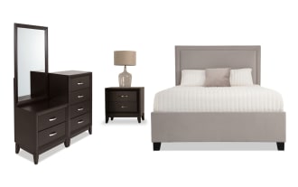 Tremont 4 Piece Queen Bedroom Set in gray features a transitional style with an upholstered storage bed, espresso finish chesser, mirror, and nightstand. Made from MDF, rubberwood solids, veneers, and polyester fabric, this set offers multiple storage options for organized living.