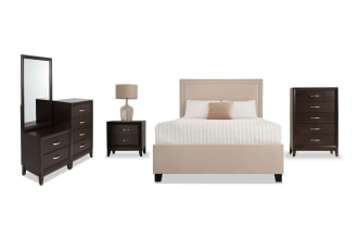 Tremont 5 Piece Queen Bedroom Set in espresso and beige features a beige upholstered storage bed with polyester fabric, espresso wood chesser, chest, mirror, and nightstand. Made from MDF, rubberwood solids, and veneers, this transitional style set offers multiple storage options for organized living.