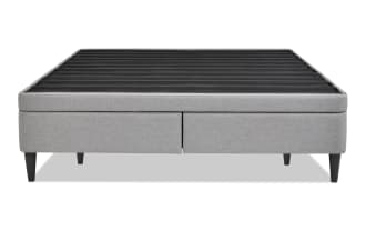 Universal Twin Gray Upholstered Storage Platform Bed with gray polyester fabric, MDF frame, transitional style, and four storage drawers, no mattress foundation needed.