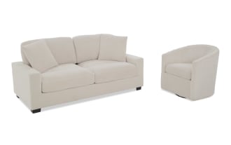 Beige corduroy fabric sofa and matching swivel armchair set with plush cushions and modern, clean-lined design for living room seating.