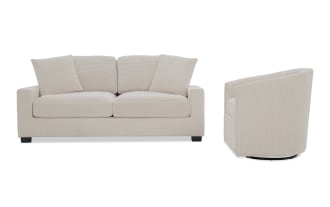 Beige corduroy fabric sofa and matching swivel armchair set with plush cushions and modern, clean-lined design for living room seating.