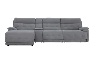 Contemporary Rumor Gray 127'' power reclining 4-piece sectional with left arm chaise, armless chair, gray polyester fabric upholstery, power headrests, storage, cup holders, and built-in USB ports.