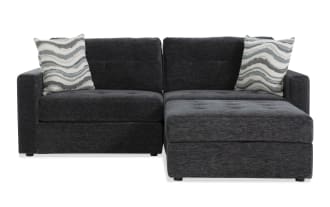 Contemporary Modular Bob® Charcoal 86" 3-piece storage loveseat set with left and right arm facing storage chairs and storage ottoman in soft polyester fabric.