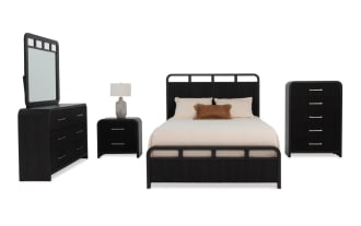 Cascade 5 Piece Twin Black Panel Bedroom Set in transitional style with MDF, engineered wood grain, featuring reeded details, smooth corners, USB/USB-C ports, felt-lined drawers, and a mirror.